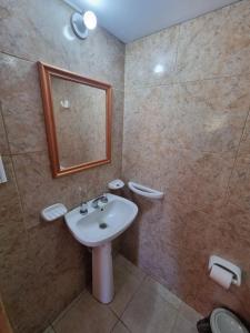 W łazience znajduje się umywalka, lustro i prysznic. w obiekcie Los Abuelos Apart w mieście General Pico