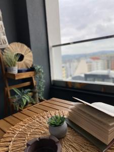 uma mesa de madeira com um livro e uma planta sobre ele em Apartment Unamare em Belgrado