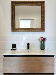 um lavatório de casa de banho com um espelho e um vaso de flores em Les Planes de Viladrau em Viladrau