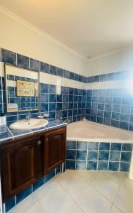 a blue tiled bathroom with a sink and a tub at Villa Ylang - climatisée in Cruis +58 photos