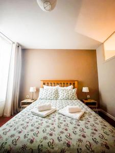 a bedroom with a large bed with two pillows on it at Cozy - Centre Historique - Gare à proximité - Grande Terrasse in Béziers +24 photos