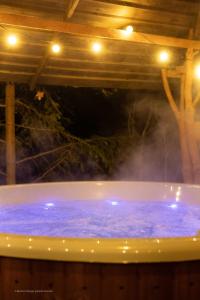 a hot tub with blue water under a roof at SKRZAT in Tumlin