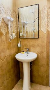 a bathroom with a sink and a mirror at Hotel Hobbiton in T'mogvi