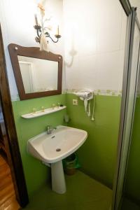 uma casa de banho verde com um lavatório e um espelho em Hanul Almaș em Deva
