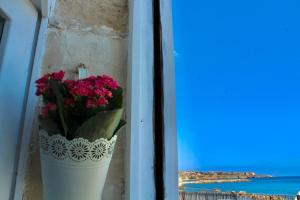 a vase filled with pink flowers in a window at Brezza Marina Ortigia in Siracusa
