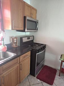 uma pequena cozinha com fogão e micro-ondas em Cozy 2BR/1BA retreat in St.Kitts close to airport em Romneys