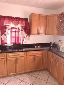 a kitchen with wooden cabinets and a window at Cozy 2BR/1BA retreat in St.Kitts close to airport in Romneys