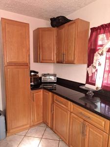 a kitchen with wooden cabinets and black counter tops at Cozy 2BR/1BA retreat in St.Kitts close to airport in Romneys