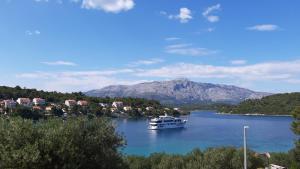 a boat in a lake with a mountain in the background at Studio apartman Kornelija in Lumbarda