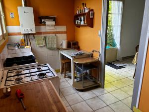a small kitchen with a stove and a sink at Chalet au bord de l'étang 4 pers in Les Boulmiers