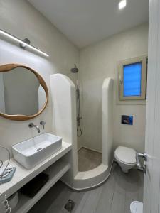 a bathroom with a sink and a toilet and a mirror at Aelia Studios in Aegiali