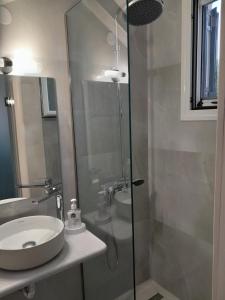 La salle de bains est pourvue d'une douche et d'un lavabo. dans l'établissement Potamos Apartments, à Sidari