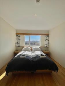 Vökuholt Lodge في Laxamýri: غرفة نوم بسرير كبير مع نافذة كبيرة