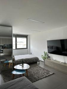 a bedroom with a bed and a tv and a table at Hitech Appartment in Amaliás
