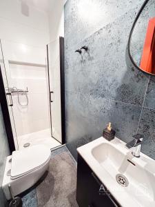 uma casa de banho com um lavatório, um WC e um chuveiro em Biskupia Central Apartment em Gdansk
