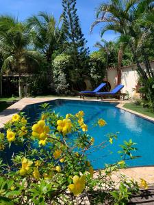 Paracuru Kite Village في باراكورو: بركة سباحة زرقاء مع ورود صفراء في المقدمة