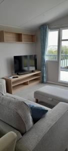 a living room with a couch and a television at Lake view in Newquay