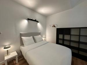 een slaapkamer met een wit bed met een zwart hoofdeinde bij Le Nid de Saint André in Lille
