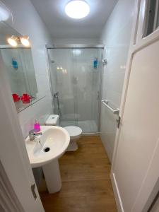 a bathroom with a shower and a sink and a toilet at La Garita Bay Apartments in La Garita