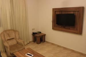 a living room with a chair and a television at Gman apartment in Amman