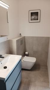 Łazienka z białą toaletą i umywalką w obiekcie Hoffberg Apartment w przyziemiu (ground floor) w mieście Lublin