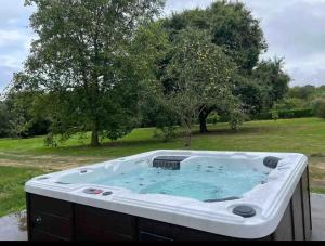 a hot tub in a field with a tree at Gîte de caractère in Plurien