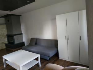 ein Wohnzimmer mit einer Couch und einem Couchtisch in der Unterkunft Zielony Dom - Przystań Kajakowa Zakole in Krasnopol