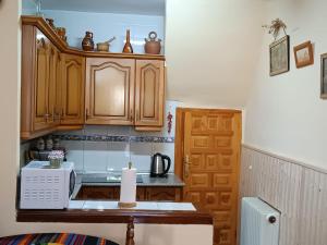 a kitchen with wooden cabinets and a white microwave at Casa Margarita in Bubión +19 photos