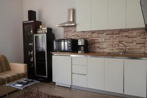 a kitchen with a counter with a microwave and a refrigerator at Cozy spacious apartment in Peje