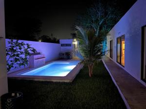 a swimming pool in the yard of a house at night at Casa Tortuga Valladolid in Valladolid