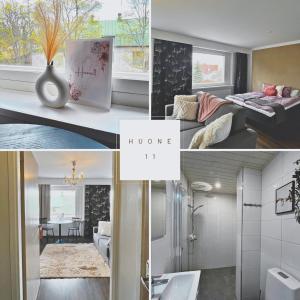 a collage of photos of a bathroom and a house at Hotelli Olla in Somero