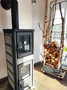 a wood stove with a rack of fire wood at Stausee- WaldLoft in Drognitz