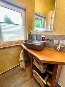 a bathroom with a sink and a mirror at Stausee- WaldLoft in Drognitz