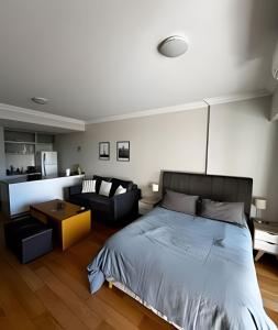 ブエノスアイレスにあるLuxury Apartment in Recoletaのベッドルーム(大型ベッド1台、ソファ付)