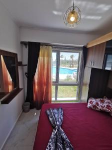 a bedroom with a bed with a large window at بورتو جولف مارينا الساحل الشمالي 107 in Alexandria
