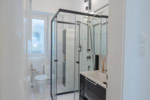 a bathroom with a glass shower and a toilet at Modernes Apartment 4 Personen Zentral 56qm WLAN gehobene Ausstattung in Hannover