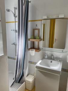 Un baño con lavabo, ducha e inodoro. en Lou Galip, en Cap-Ferret