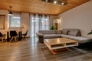 オーバーアマガウにあるAppartment Mariaのソファとテーブルのあるリビングルーム
