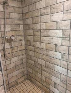 La salle de bains est pourvue d'une douche avec du carrelage brun et blanc. dans l'établissement Puig comfort, à Calella