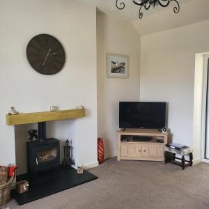 a living room with a television and a fireplace at RAWSON COTTAGE LOVELY 2 BEDROOM SEMI RURAL in Stranraer