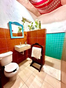 a bathroom with a toilet and a sink at Hostal Guacamayas in Valladolid