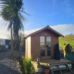 a small shed with a bird sitting on a wooden deck at RAWSON COTTAGE LOVELY 2 BEDROOM SEMI RURAL in Stranraer