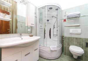 a bathroom with a shower and a sink and a toilet at Palace Derossi II in Trogir