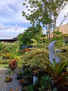 un jardin avec des plantes et une statue d'oiseaux blancs dans l'établissement Couleurs îsles, à Montjoly