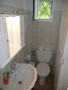 a bathroom with a toilet and a sink and a window at Elia Apartments in Oreoi +41 photos