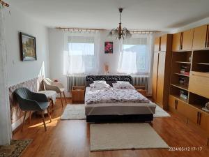 a bedroom with a bed and a chair in it at Panoráma Holiday Home in Badacsonyörs