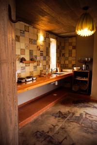 a kitchen with a counter and a sink in a room at Cueva Ancestral --Experiencia entre los cerros-- in Coronel Moldes