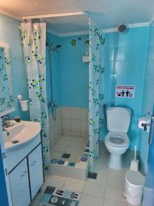 een blauwe badkamer met een toilet en een douche bij Upper Deck Apt. in Néa Péramos