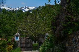 une maison avec un portail et des montagnes en arrière-plan dans l'établissement Los Castaños, Vivienda Rural, Capileira, à Capileira