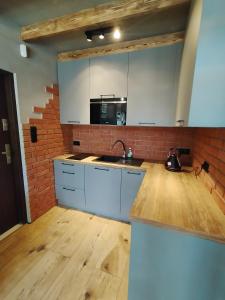 a kitchen with a sink and a brick wall at Stania Loft CENTRUM in Boszkowo-Letnisko